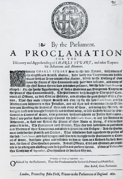 A Proclamation by the Parliament for the Discovery and Apprehending of Charles Stuart and other Traitors, Abdherents and Abettors by English School